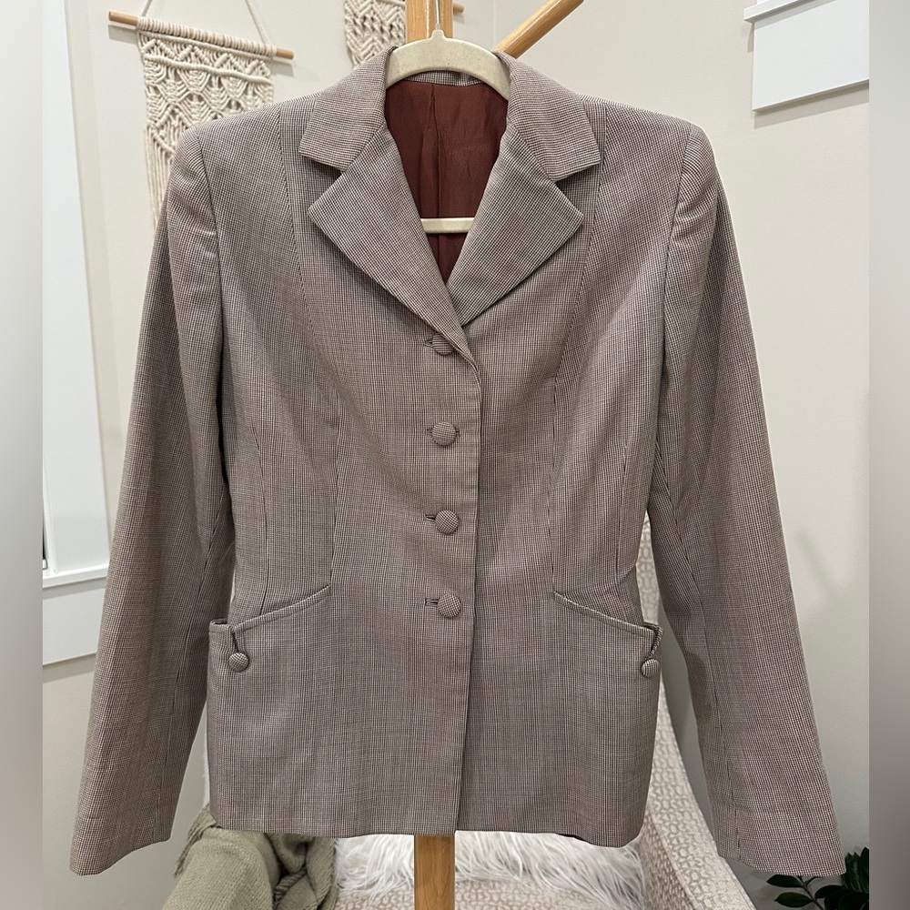 Vintage Mann Classics 100% Wool Tailored Blazer Taupe Micro-Check Size Small